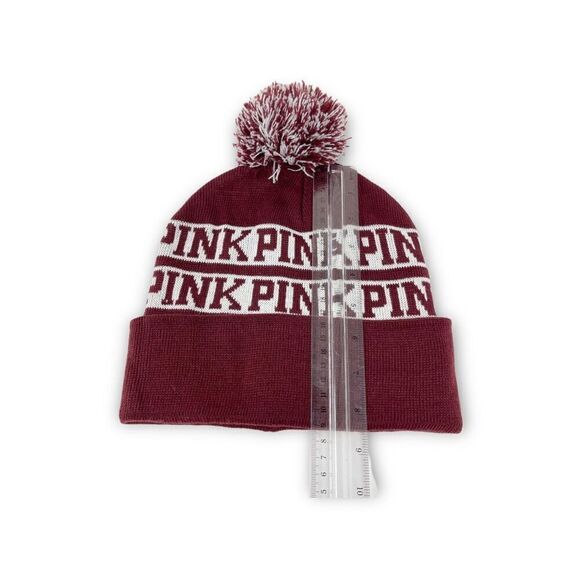 Victoria’s Secret Pink PINK Maroon Cream Pom Beanie Hat Acrylic OSFM Cold Winter - Picture 3 of 7